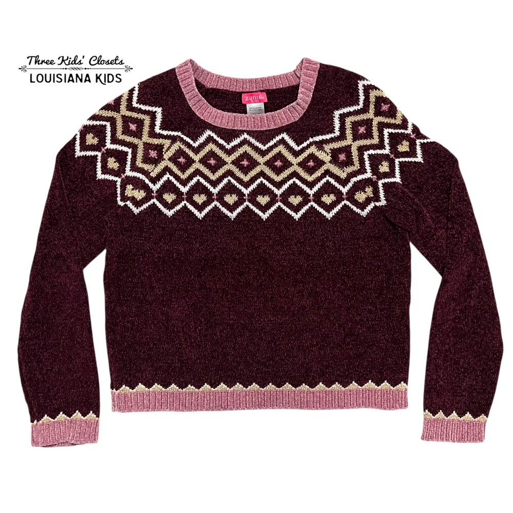 Zunie Girl XL (14/16) Maroon & Pink Geometric Heart Print Sweater